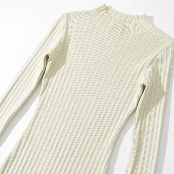 Cream Ribbed Knit High Neck Midi Dress - Picture 6 of 15